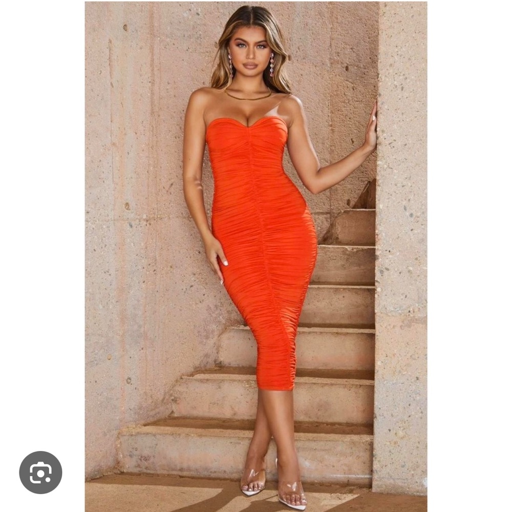 Oh Polly Burnt Orange Strapless Midi Dress Size 0 XS